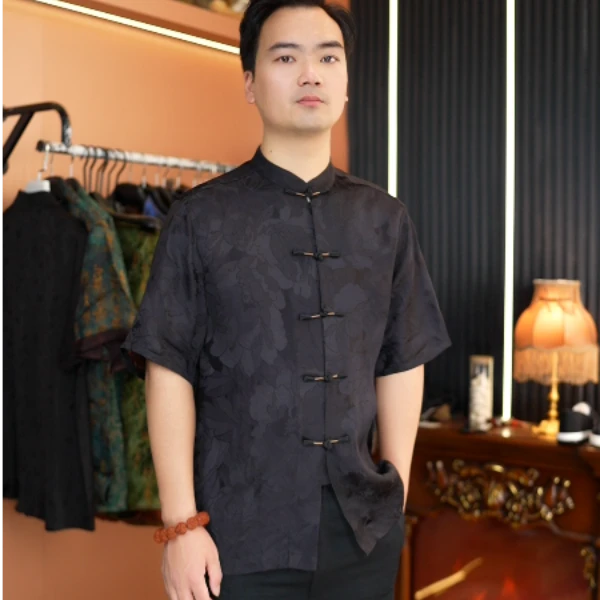 香云纱桑蚕丝男士中国风短袖唐装复古薄款提花中式半袖休闲