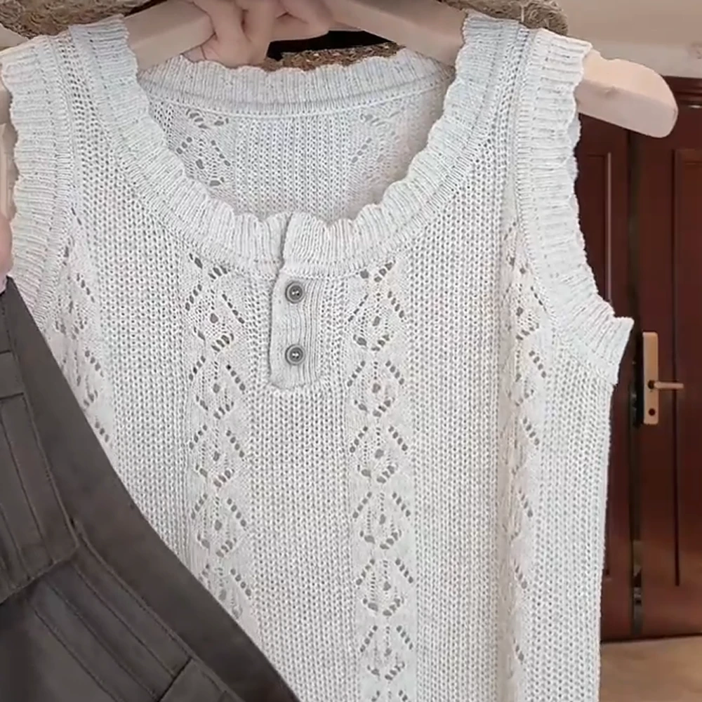 2025夏温柔亚麻镂空提花背心C5304