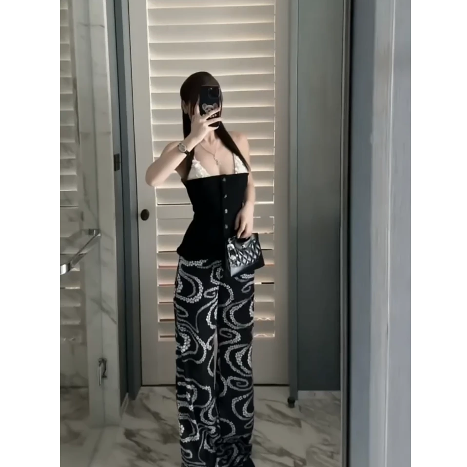【柏林香香】2025夏季新款ins立体花朵假两件吊带配灵蛇印花休闲裤