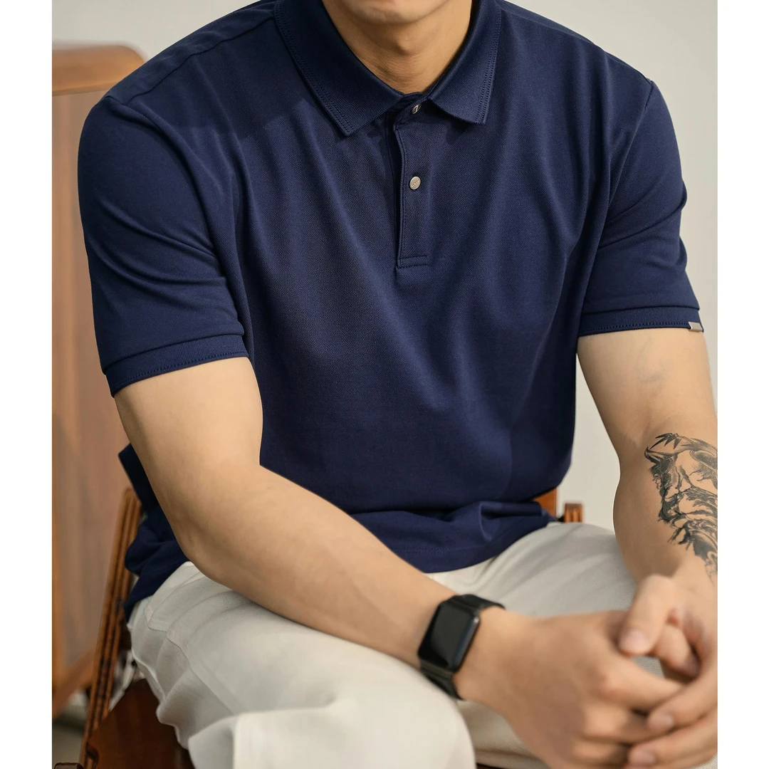 奥兰德保罗牛仔蓝色都市休闲上衣小装饰翻领Polo衫男修身棉质短袖