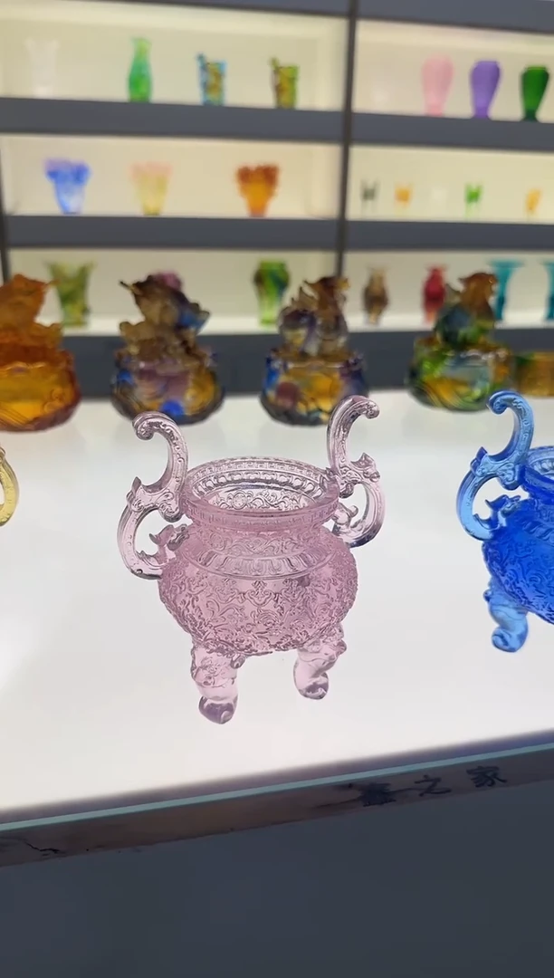 手工艺品琉璃官帽香炉粉色