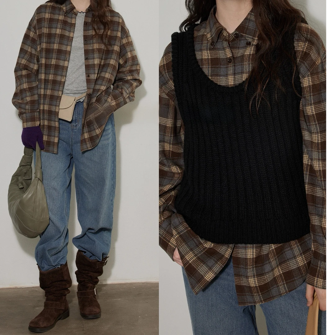 pusumede 美式复古格子百搭叠穿时尚宽松秋冬厚款衬衫PSYC28552