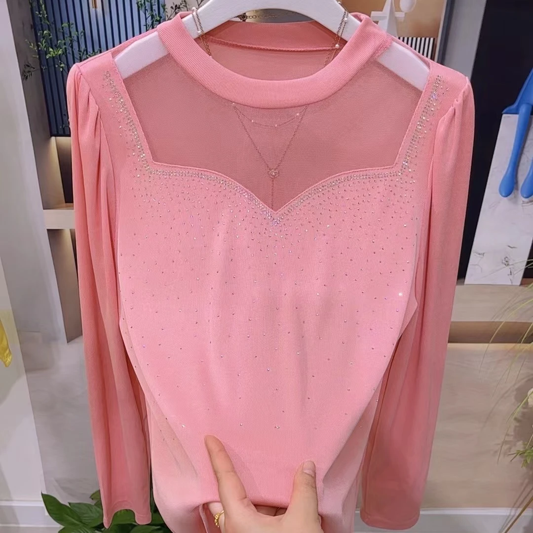 2025秋季新款11528烫钻网纱设计时尚宽松气质减龄百搭小衫