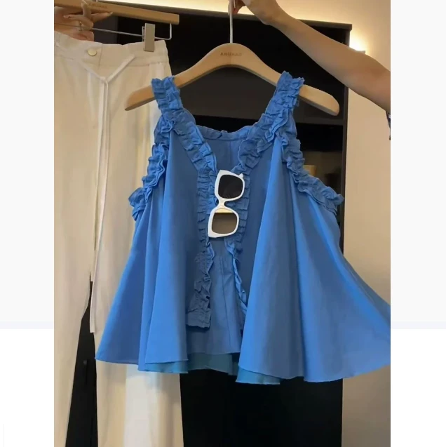 法式宽松超好看复古无袖衬衫2025年夏季小个子精致吊带背心上衣