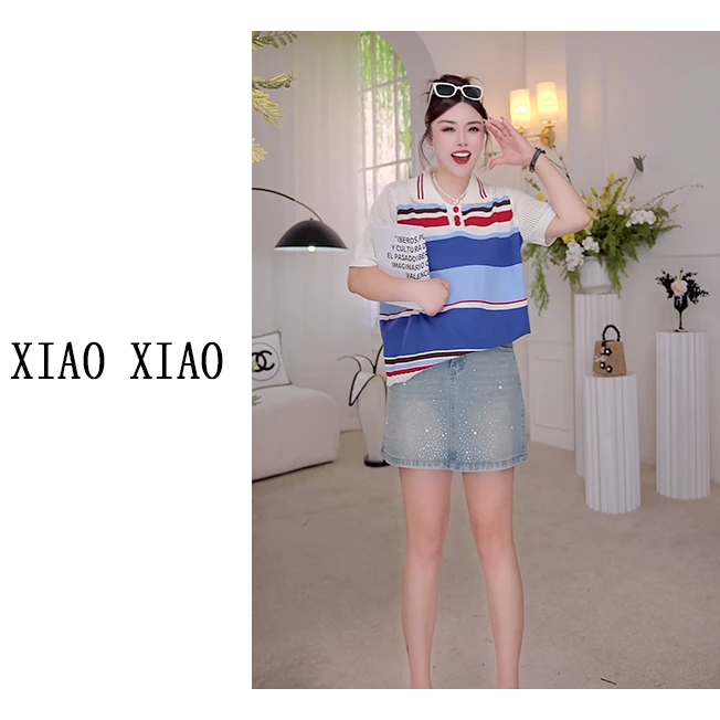 【XIAOXIAO】大码女装慵懒宽松夏季新款彩色条纹针织衫短袖XX236
