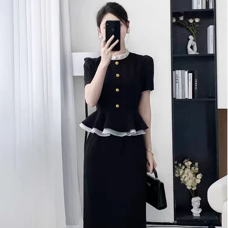 （80-200斤）黑色连衣裙夏修身显瘦气质高级感拼接假两件法式裙1736