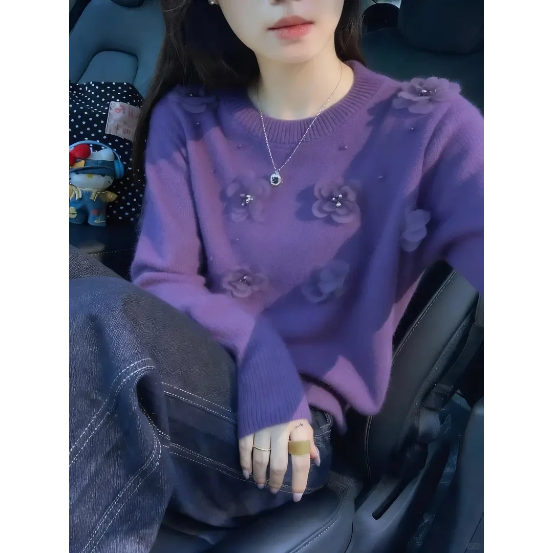 慵懒风高级感巨好看韩系氛围感针织衫上衣紫色立体花朵毛衣女秋冬
