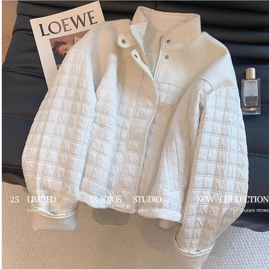 秋冬季2025新款爆款白色立领拼接女款设计感短款保暖轻薄洋气外套