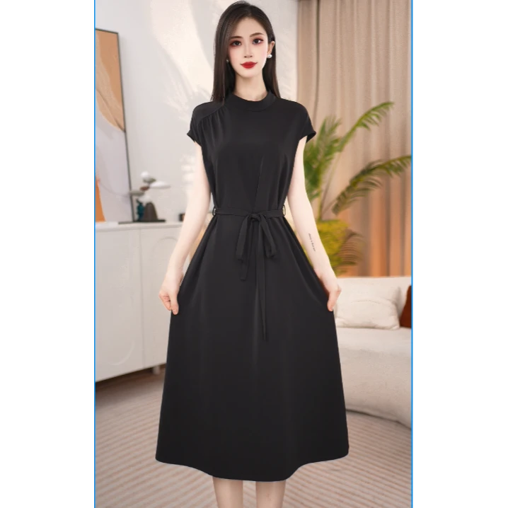 轻奢时尚设计师简约法式收腰优雅拼接女装连衣裙089黑色