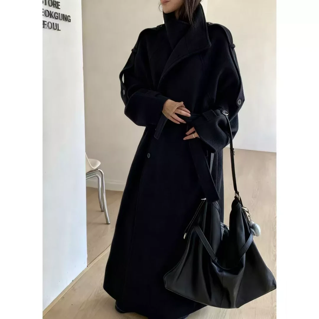 梦婷定制高个子130cm翻领双排扣毛呢夹棉大衣