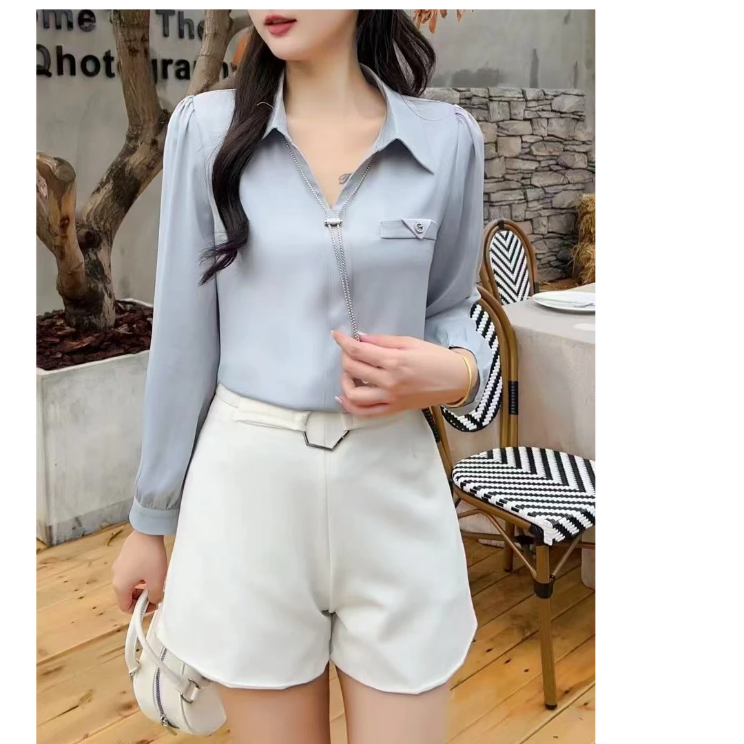 9810【衣长55】法式雪纺衬衫女2025春新款宽松气质设计感POLO领洋气