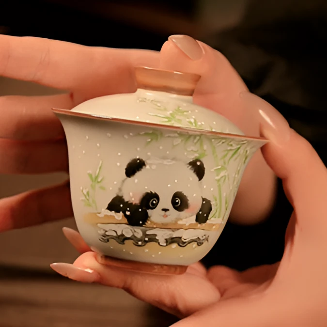 天青汝窑雪景熊猫二才元宝盖碗创意设计陶瓷茶具