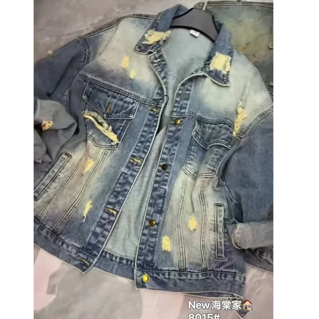 宽松型春秋水洗厚款做旧不起球破洞牛仔外套上衣韩版少女风