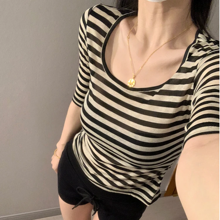 美式复古天丝条纹中袖t恤女2025夏季新款设计感小众修身百搭上衣