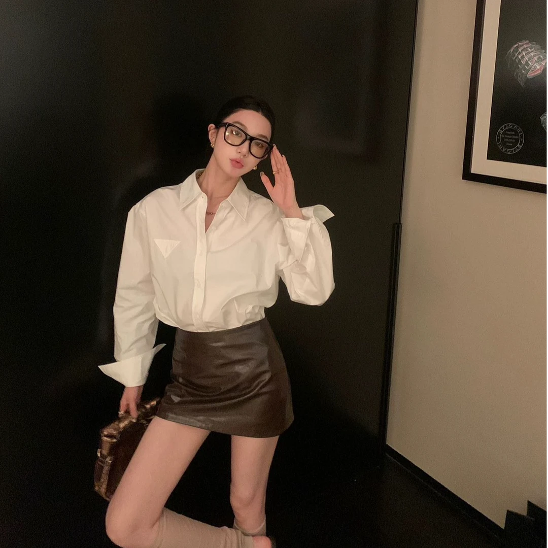 韩版白色衬衫女法式秋季宽松显瘦中长款设计感小众衬衣长袖上衣潮