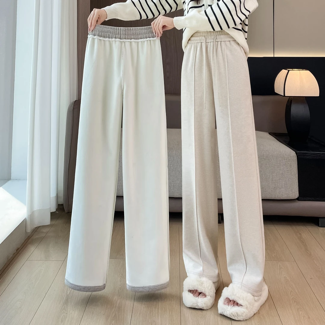 加绒加厚阔腿裤女秋冬季高腰窄版毛呢裤子垂感直筒休闲人字纹女裤