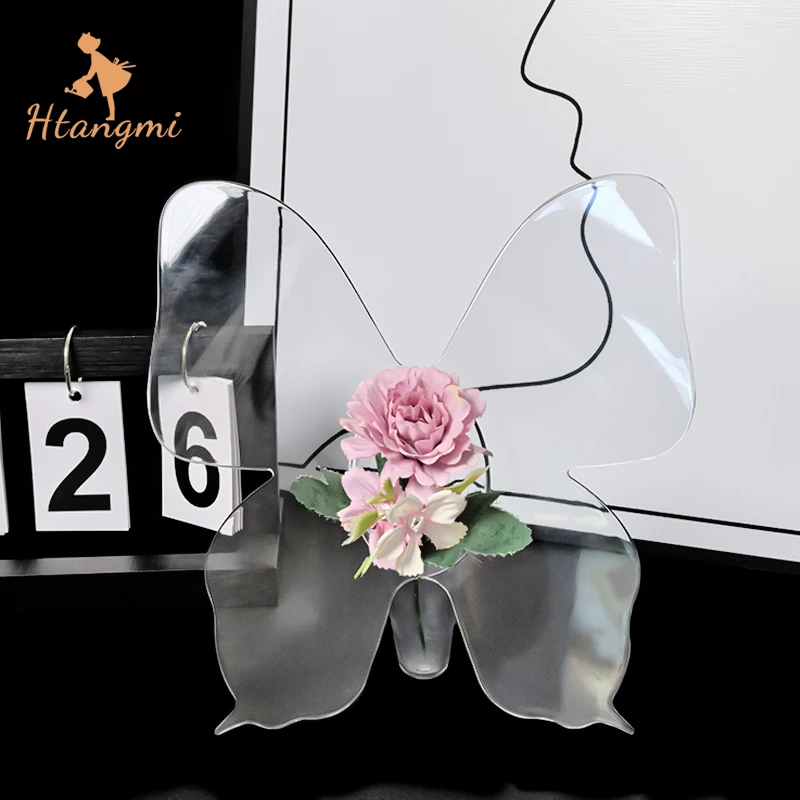 【汉唐美】ins水晶蝴蝶花瓶仿亚克力高级感简约插花瓶桌面装饰摆件