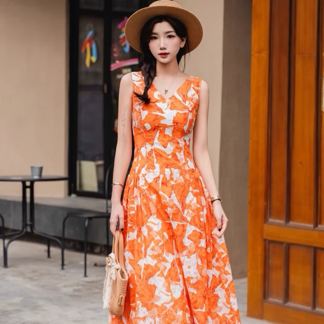 友阿商场玛施嫚2025夏日浪漫马蹄莲印花长款V领无袖连衣裙150029