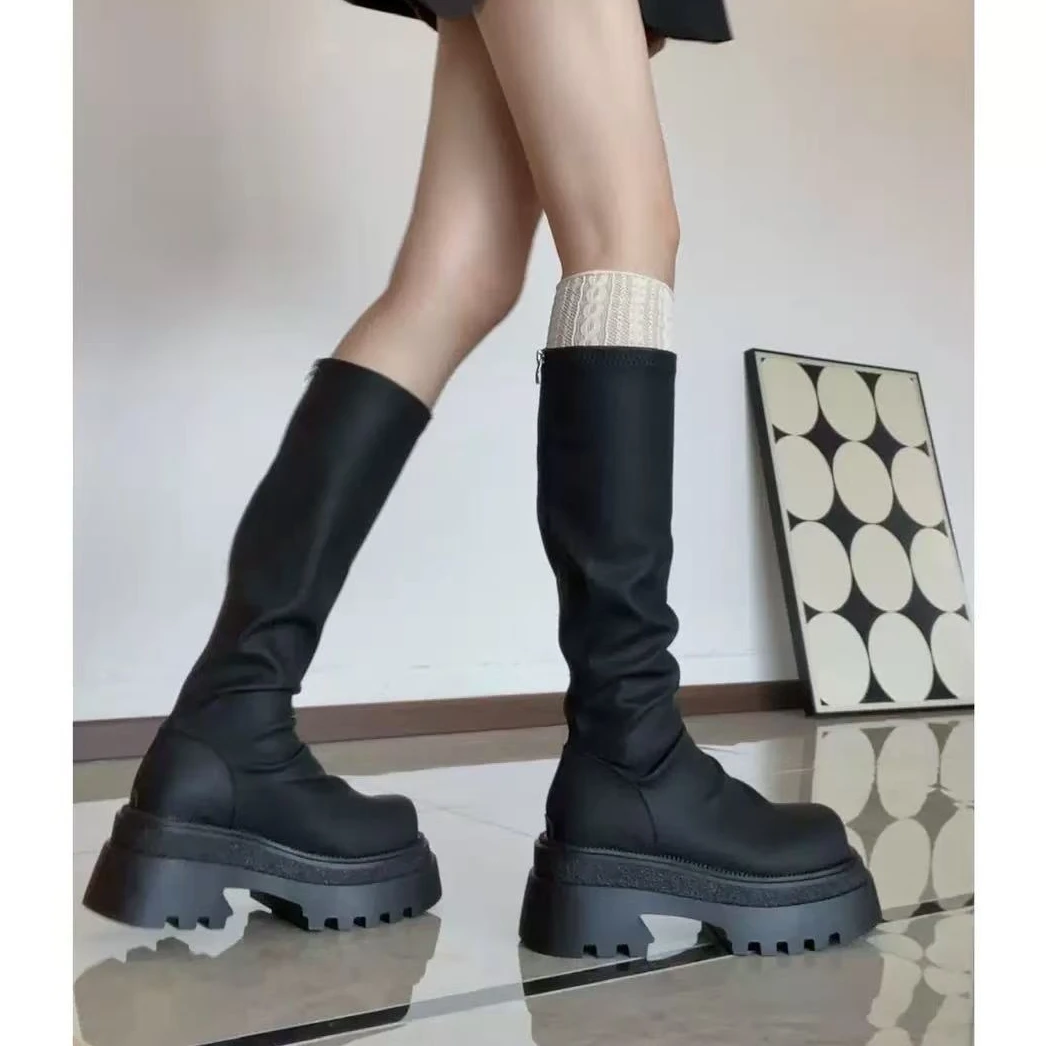 2025新款秋冬胖mm长筒靴女不过膝黑色靴子大腿围粗腿长靴堆堆靴