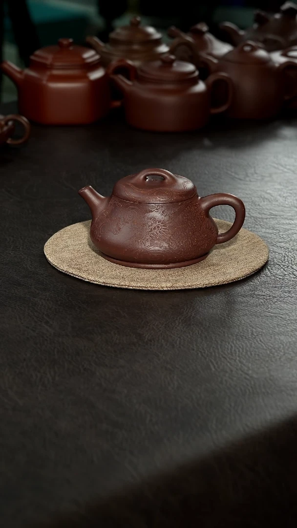 茶壶紫砂饮瓢壶，紫玉金砂，汪达明全手工。230尺寸、