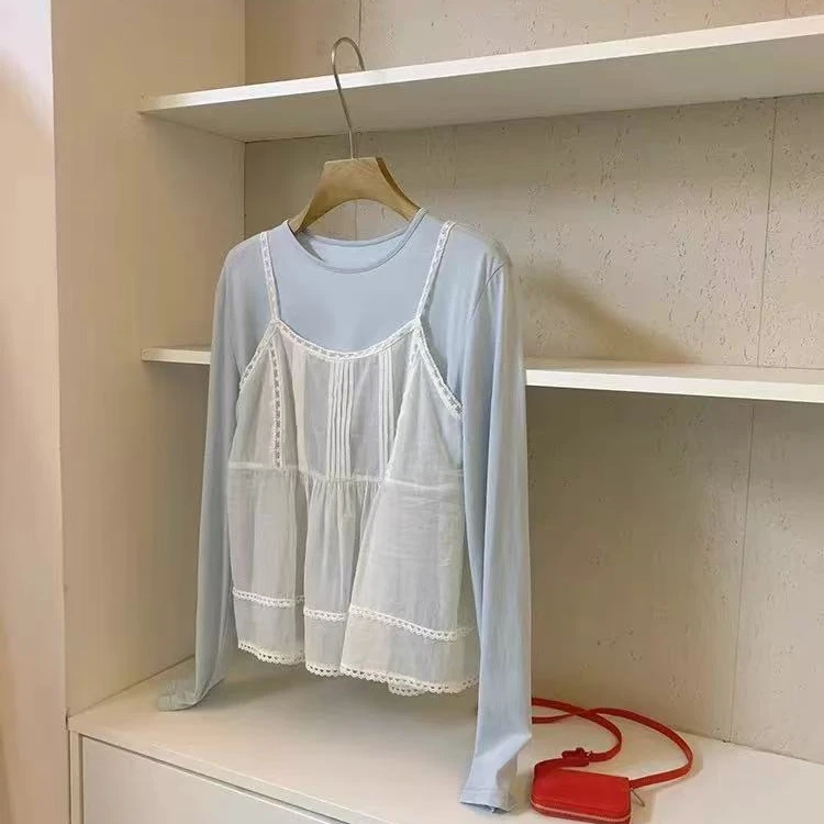 1609清风徐来 温柔圆领T蕾丝吊带两件套