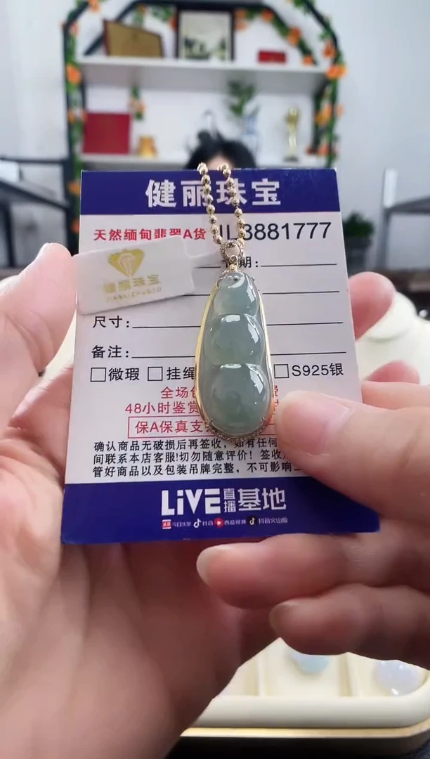 颈饰18K金镶嵌翡翠天然缅甸翡翠 豪镶富贵豆(一物一证)+银链