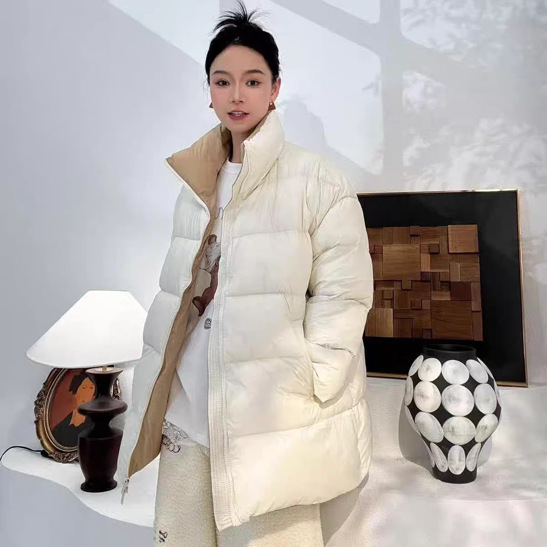 咖色白色秋冬撞色百搭显瘦棉服女