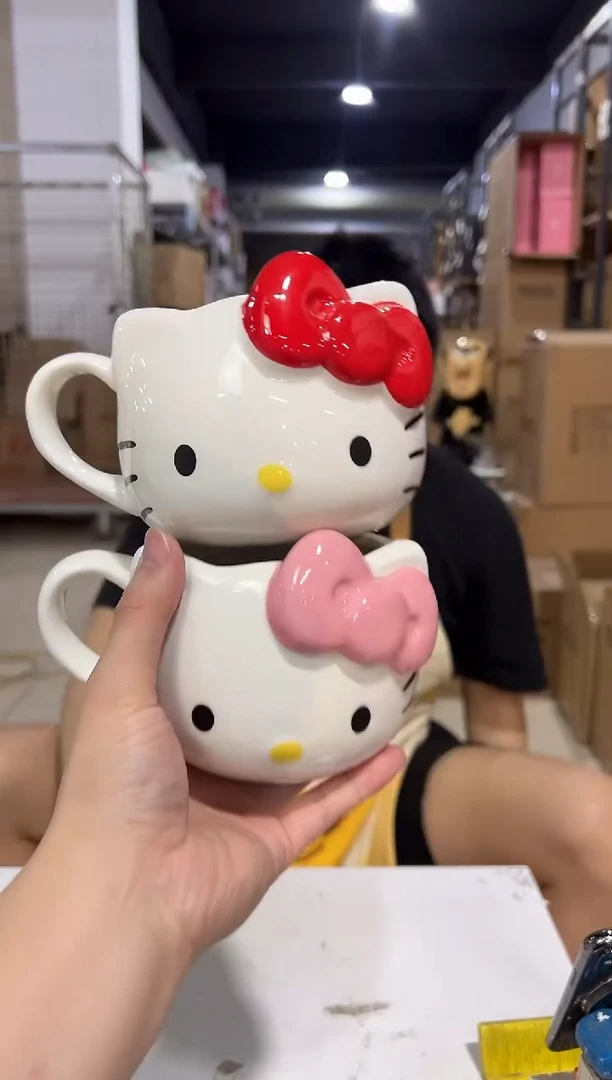 瓷片红色加粉色蝴蝶结kt头杯2件套微瑕