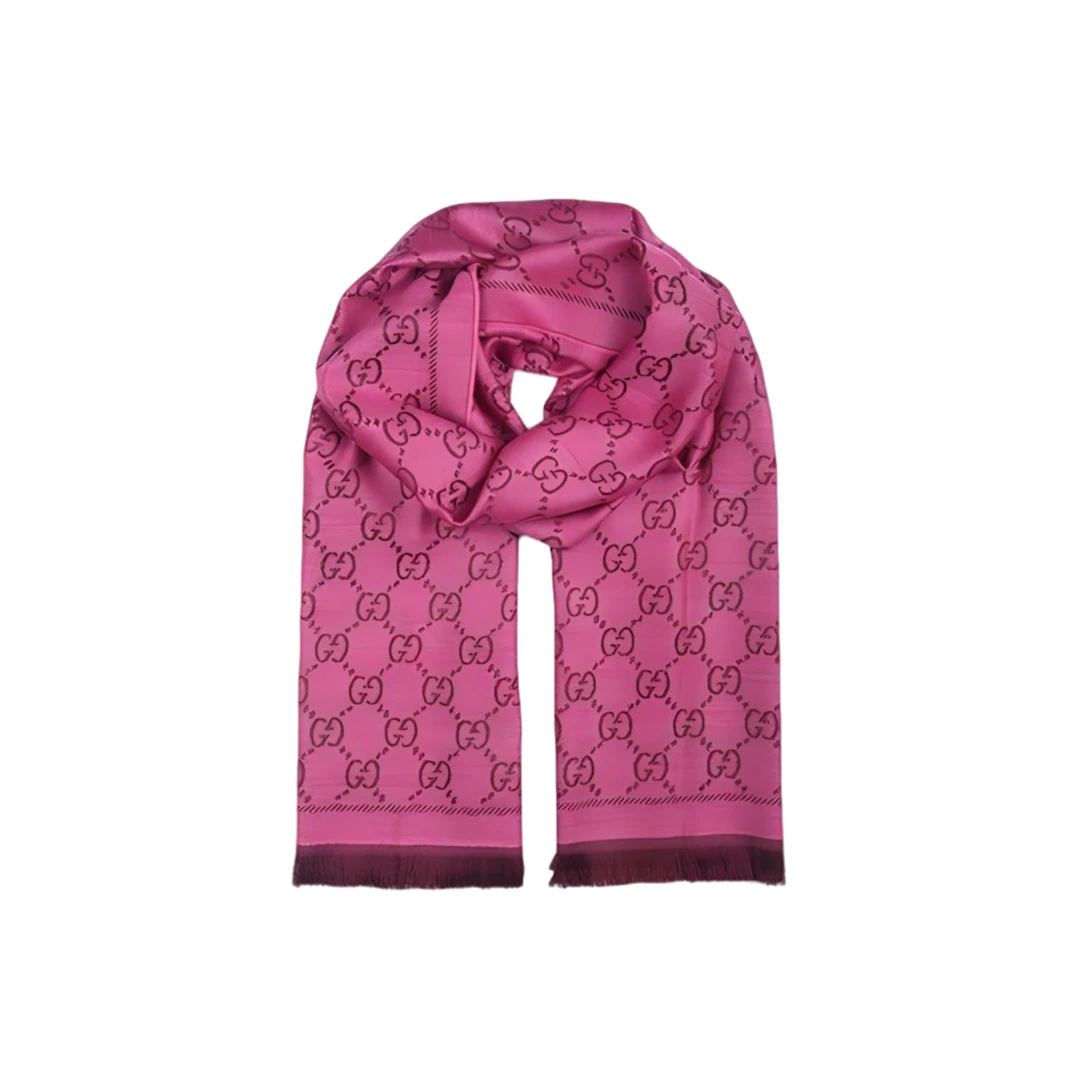 GUCCI  双G系列 双G提花流苏 羊毛围巾 粉金色