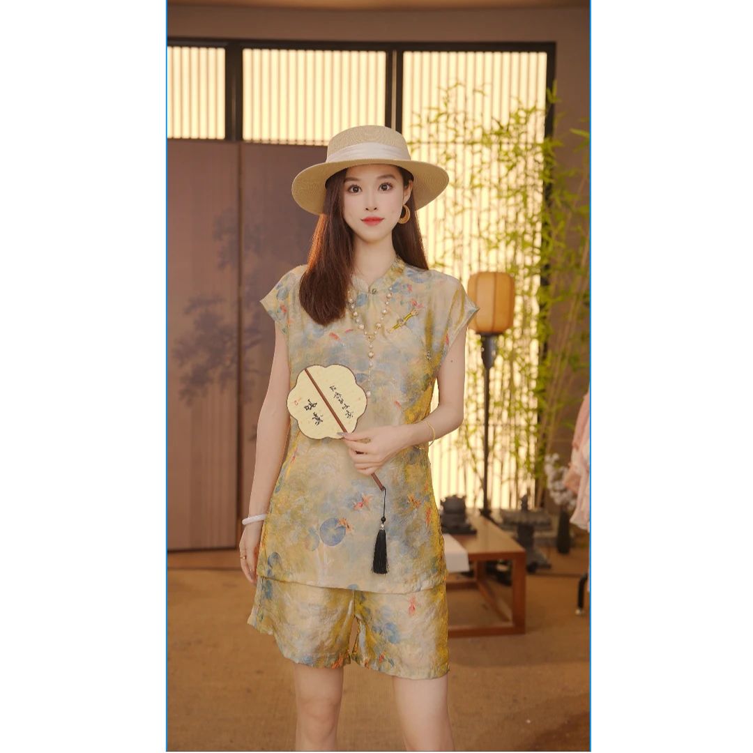 CJ【‌花屏】新中式2024夏季气质百搭提花短袖短裤套装YY25060901