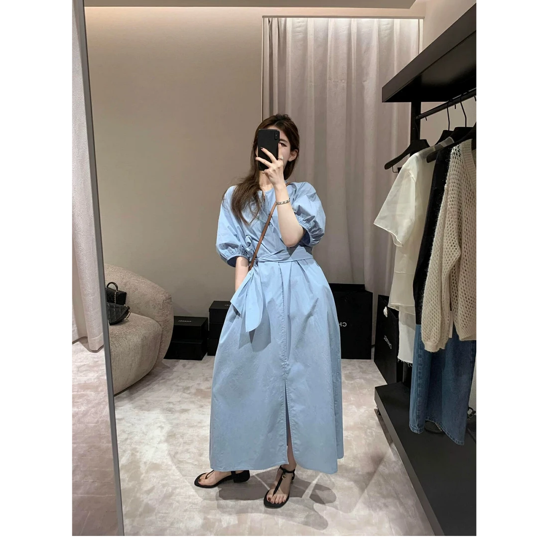 ZX6268设计感泡泡袖连衣裙女2025春夏新款收腰显瘦系带长裙