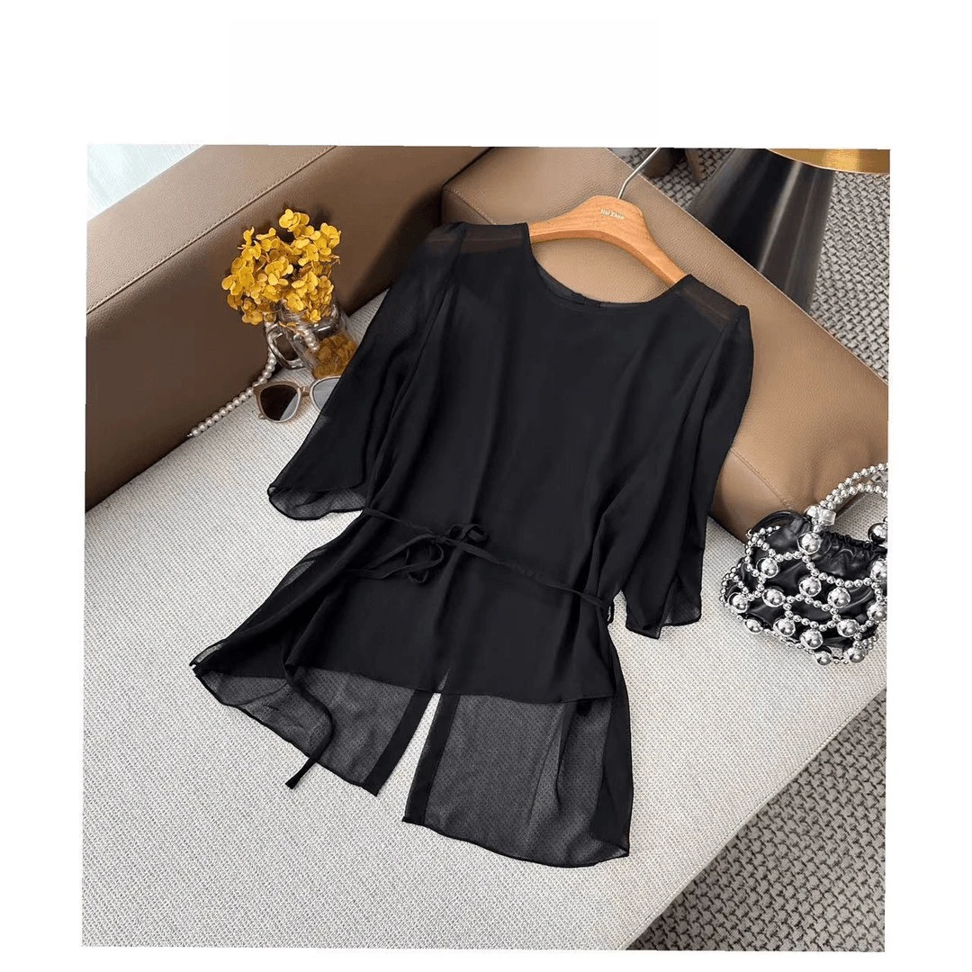 欧货高级感不规则系带网纱短袖夏季时尚百搭防晒上衣278