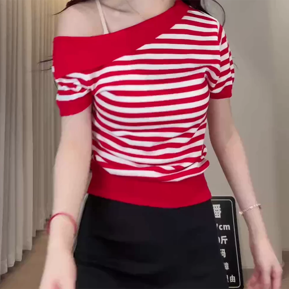 夏季新款纯欲风气质纯色设计减龄简约百搭休闲条纹上衣