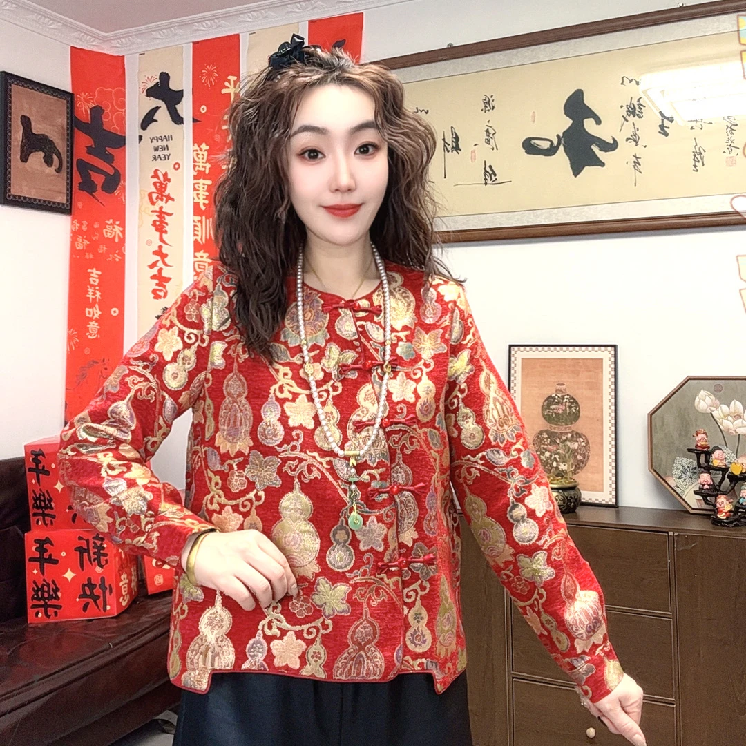 新年款新中式福禄偏襟加厚双层织金工艺织花上衣显瘦百搭