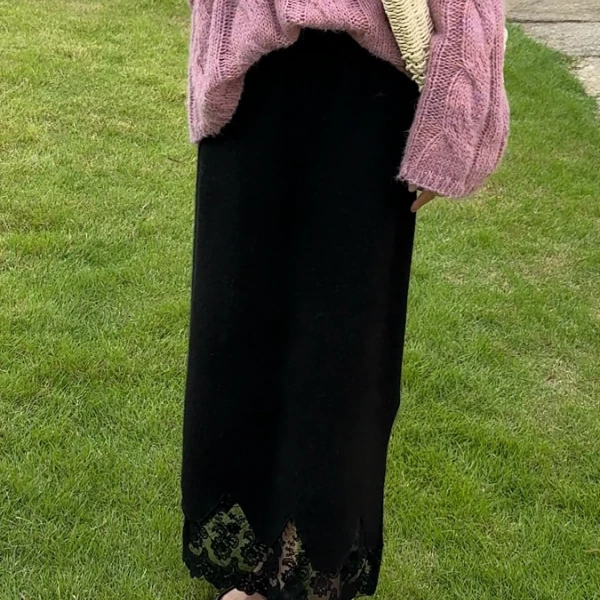 【大只定制】芭蕾黑巧 秋季气质显瘦高腰黑色蕾丝针织裙5QKSJ10733