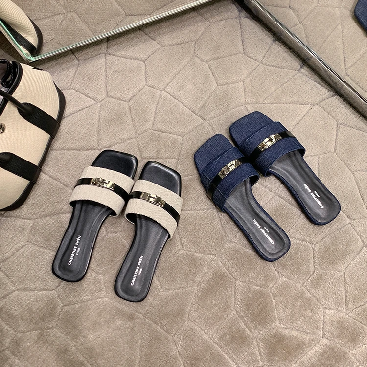 【sheii苏茵茵】凯丽拖~方头金属锁扣一字带拖鞋女凉拖外穿E5214055