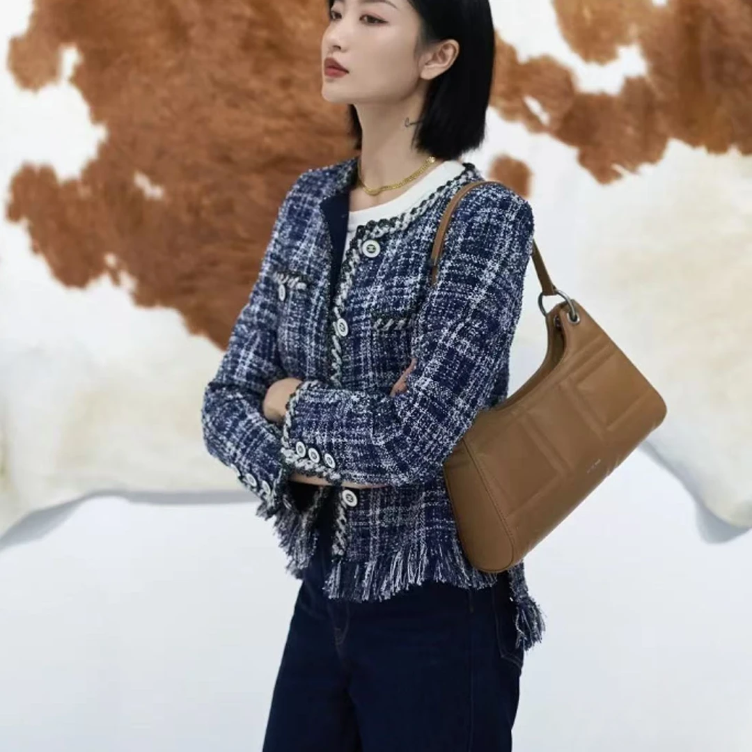 99新 Chanel/香奈儿 瀑布系列蓝白格子流苏编织外套  34码