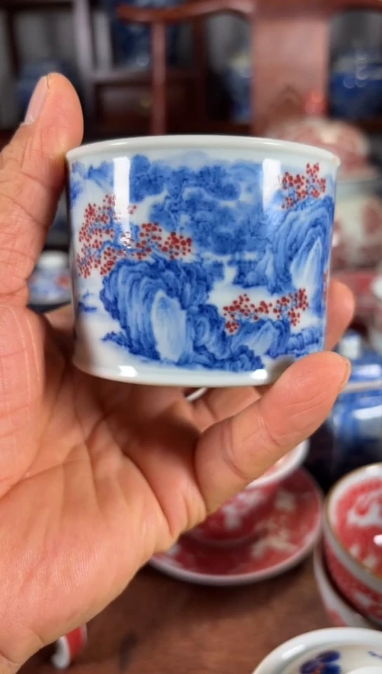 柴窑青花釉里红融天杯杯