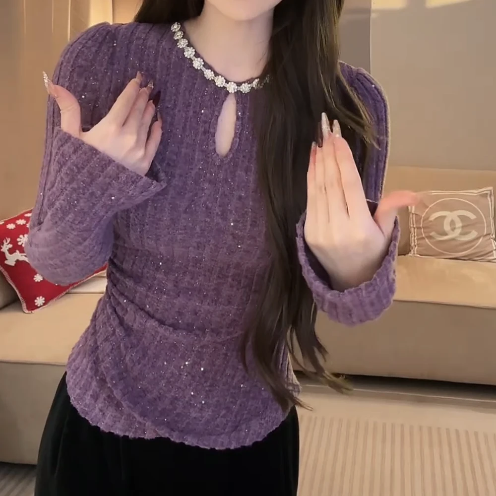 秋冬新款气质法式小香风重工水钻领镂空紫色百搭修身显瘦针织上衣