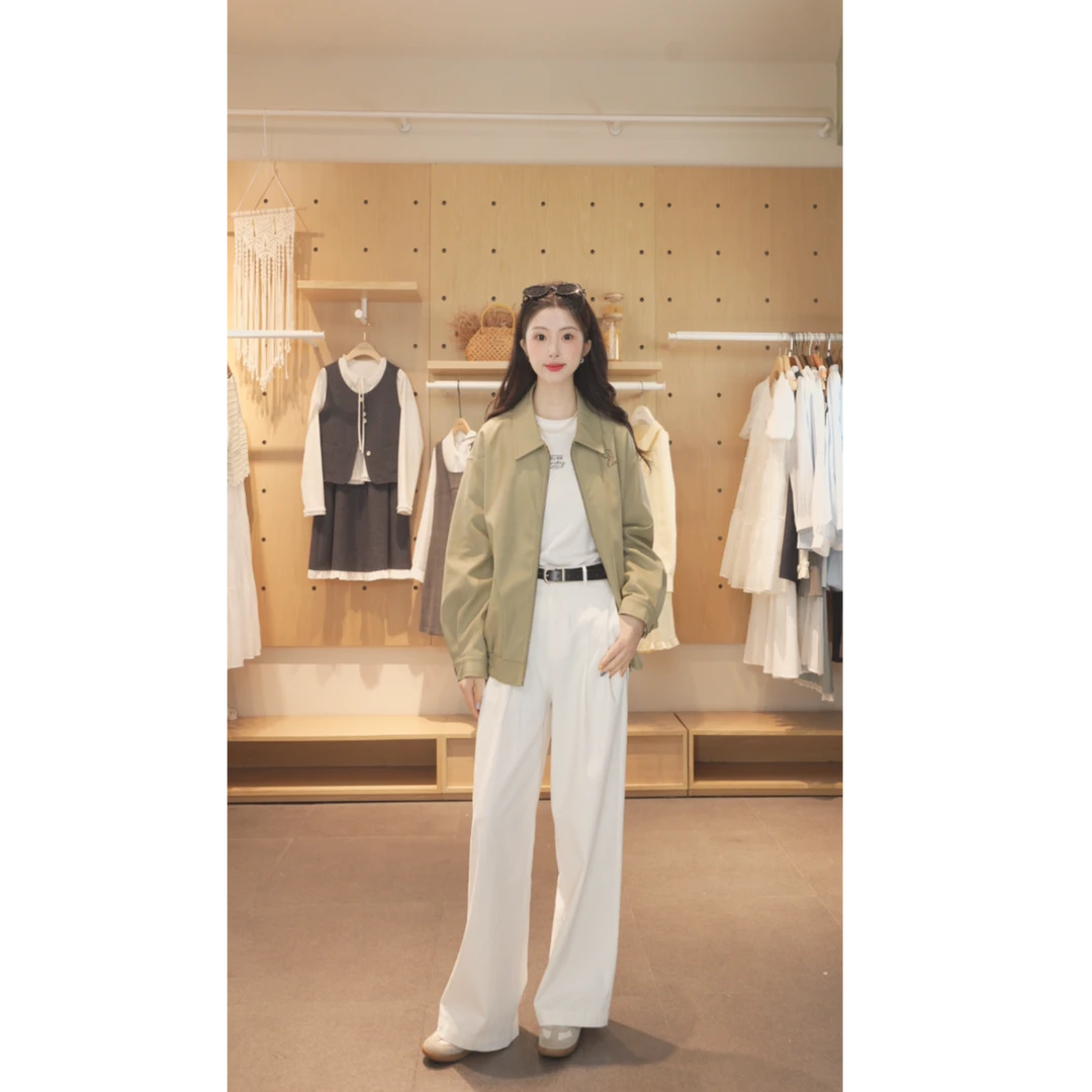 紫涵绿色翻领pu皮衣女2025秋新款简约通勤拉链夹克外套Z5Z06AN179