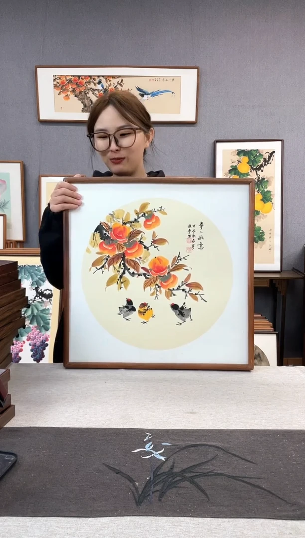 【闪购商品】国画贺照亭-纯手绘带框作品-52*52-柿子