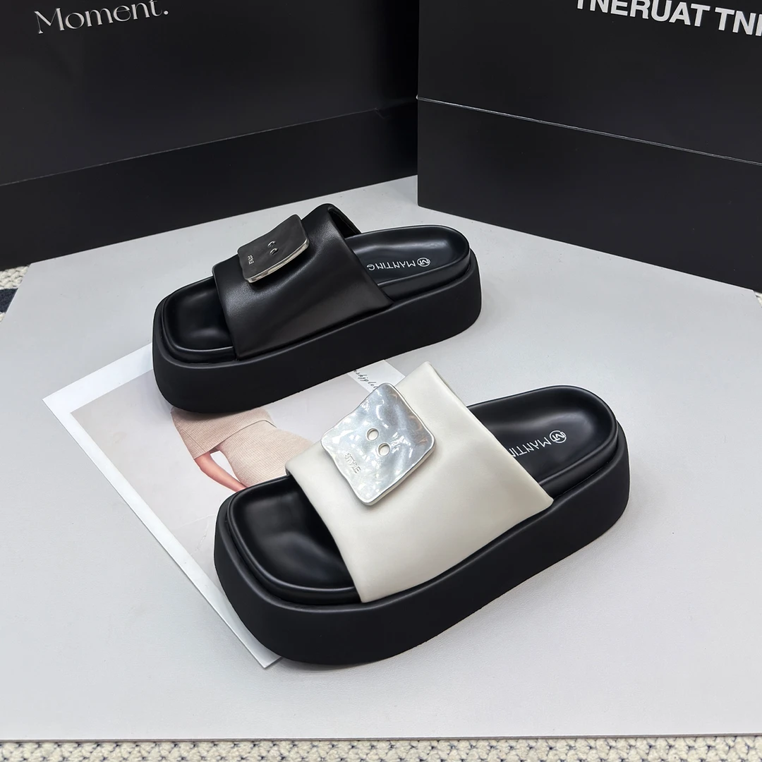 2752-2羊皮一字拖鞋女外穿2025新款真皮休闲厚底松糕沙滩凉拖鞋