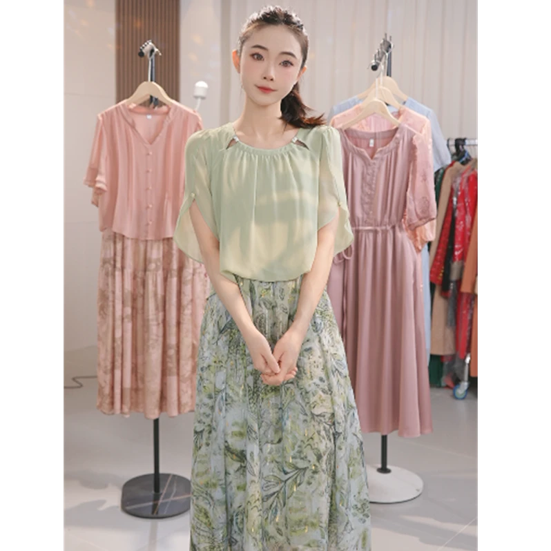 Y1250夏季女装连衣裙气质显瘦时尚假两件印花裙子