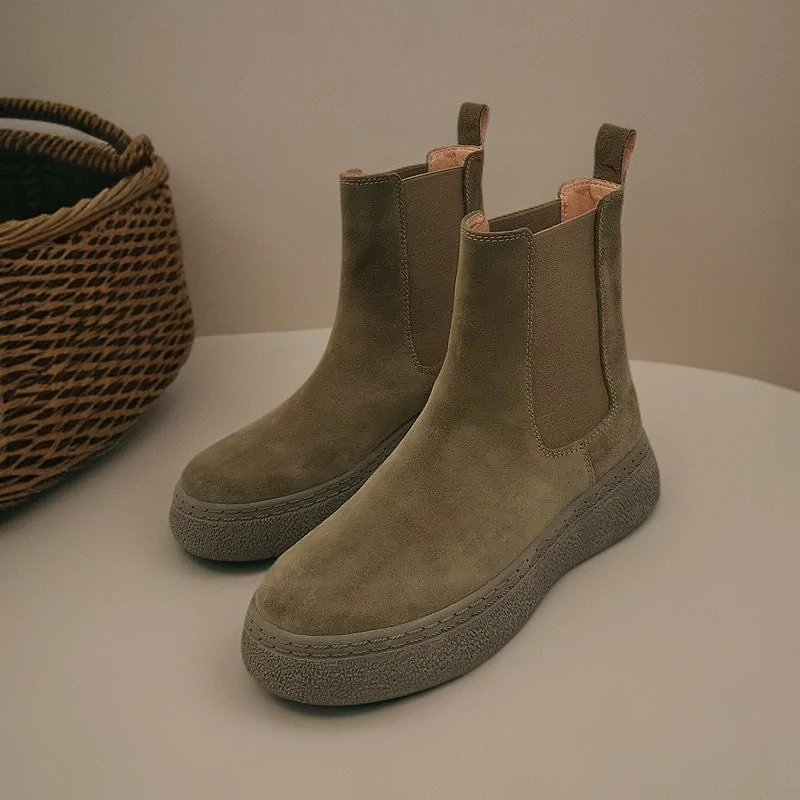 秋冬时尚百搭炸街套筒切尔西短靴女厚底切尔西复古磨砂皮马丁靴女