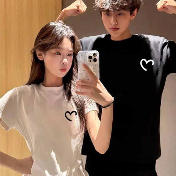 （2件装）情侣装短袖t恤男女一长一短2025夏季新款修身显瘦纯棉短袖
