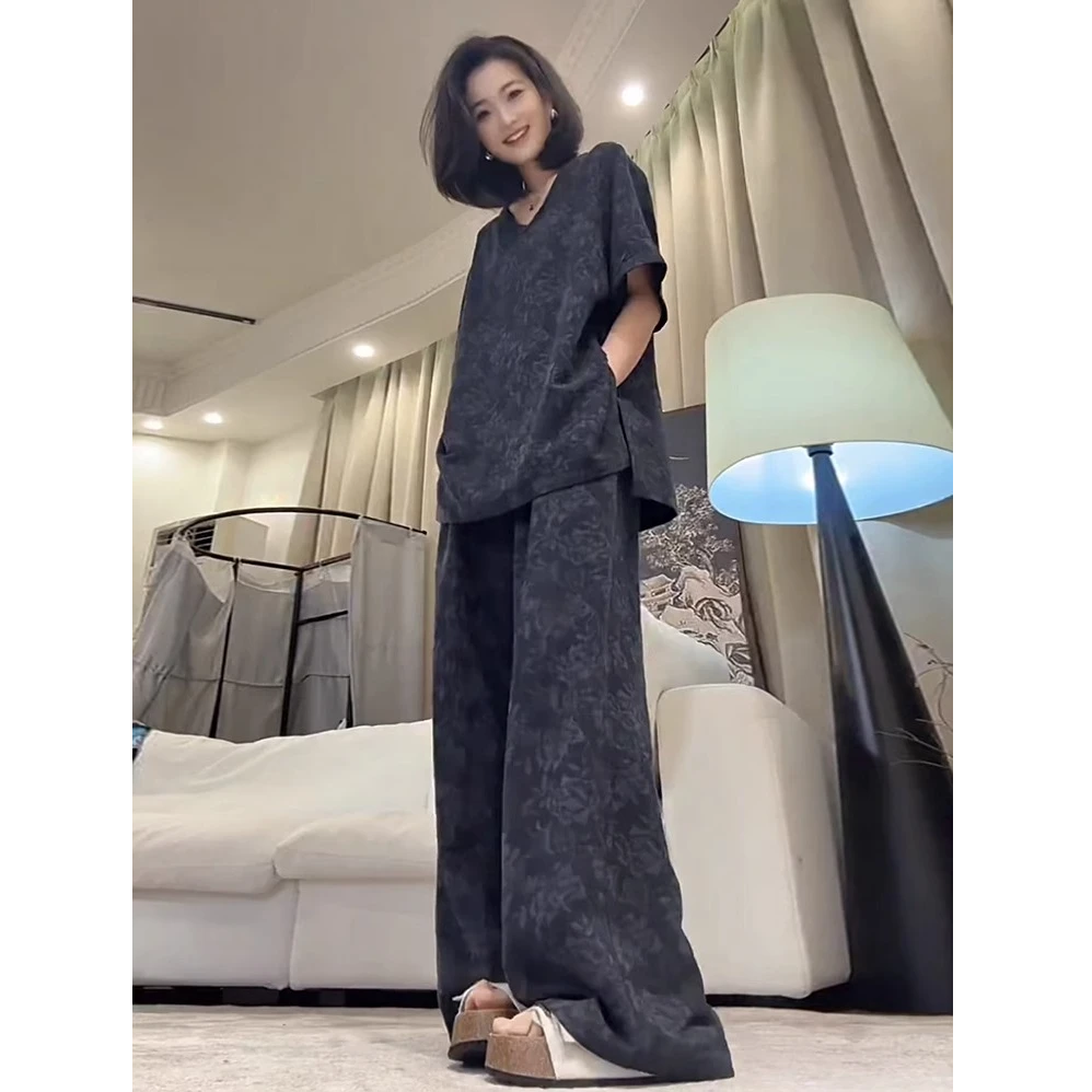 欧货夏季短袖运动套装女夏季宽松高级感提花T恤阔腿裤两件套气质