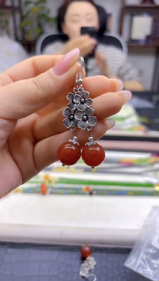 银S925镶嵌南红玛瑙耳饰DIY款E538