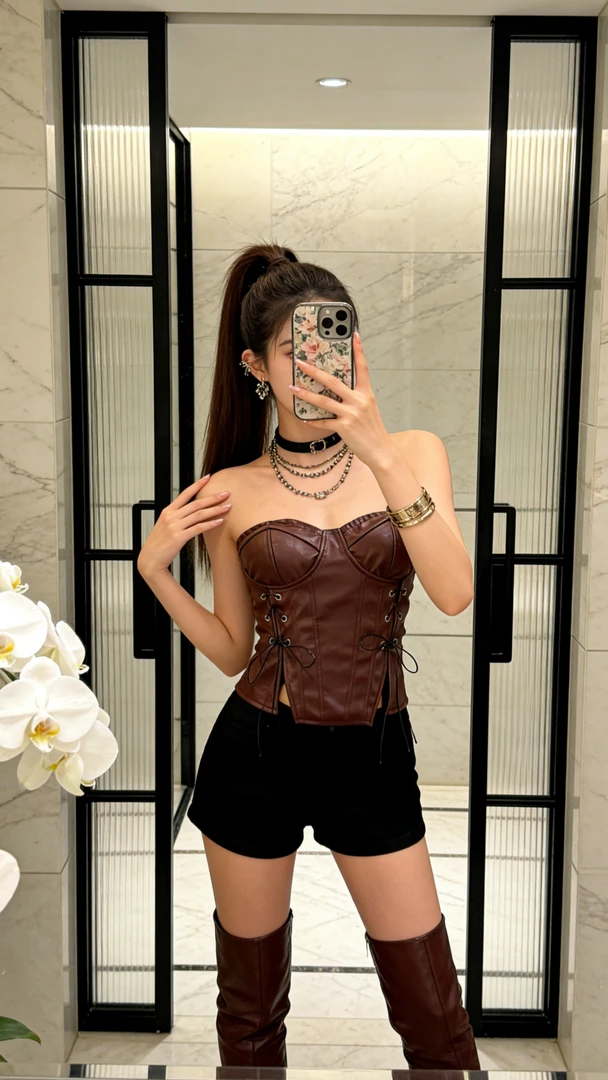 设计感小众两侧绑带收腰无袖抹胸背心女早春纯欲辣妹开叉PU皮上衣