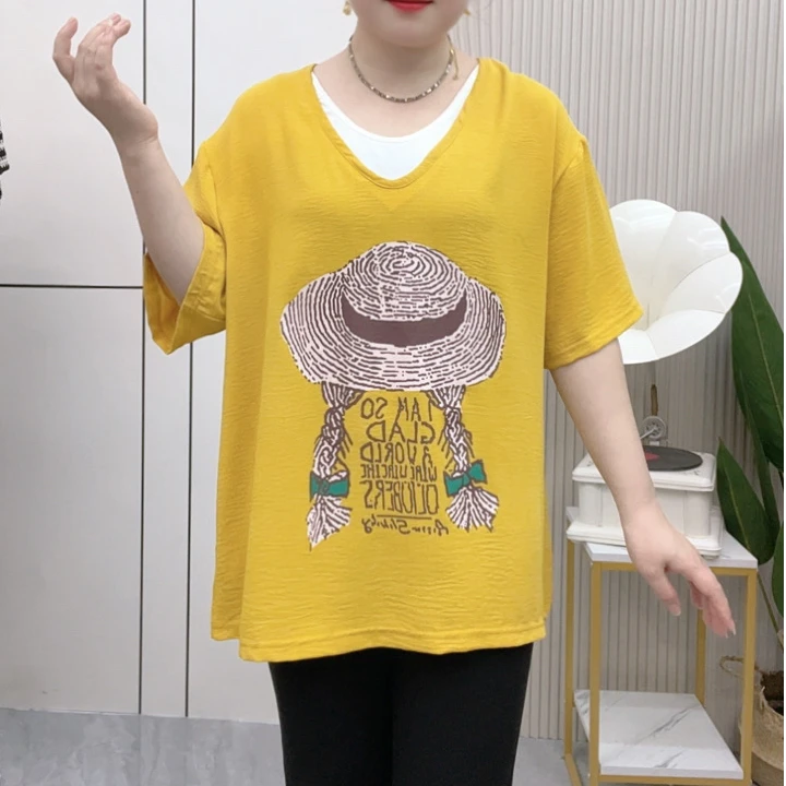 草帽图案设计半袖T恤夏季宽松大版显瘦减龄中长款洋气上衣女240斤