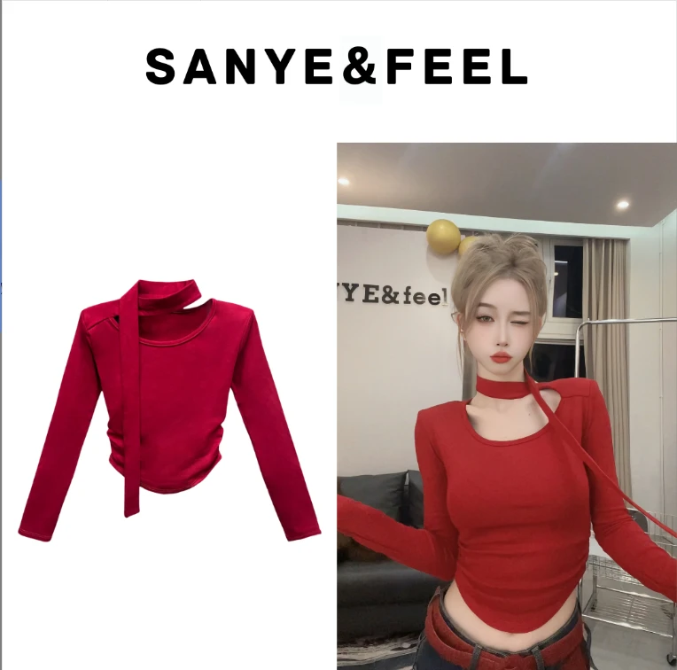 【妍三也】-63008方领长飘带款打底上衣YX